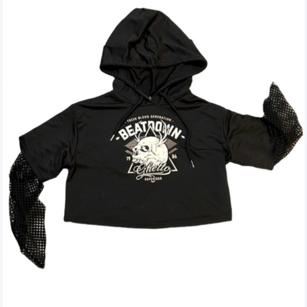 🛍️ 2/$12
Black crop hooded hoodie skull sweater top with mesh long sleeves. New